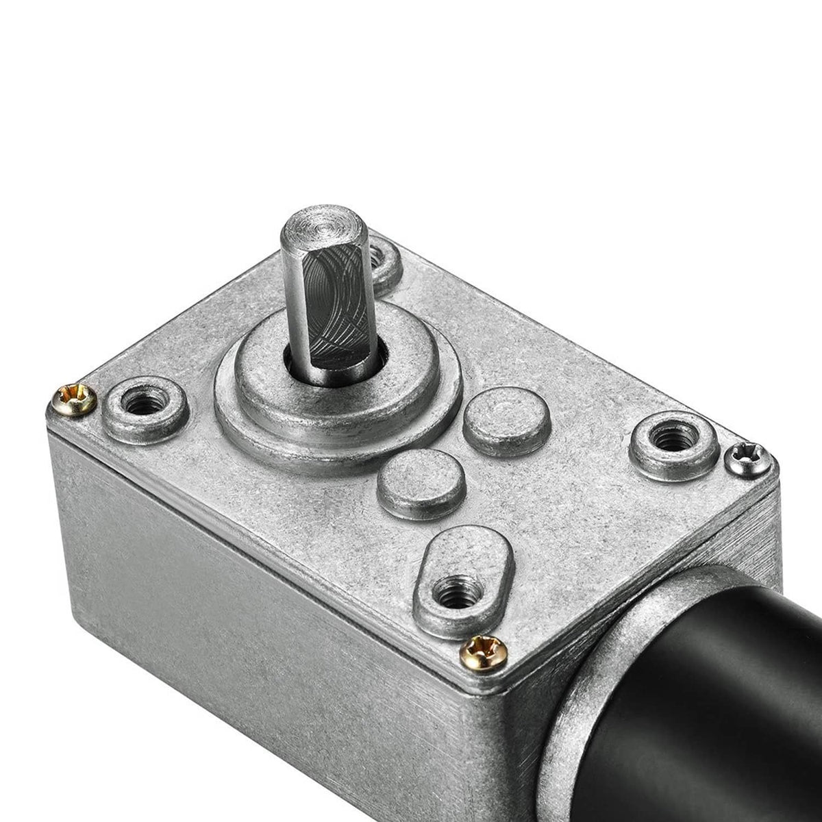 Worm gear motor with silver top plate, multiple ports, and black cylinder body