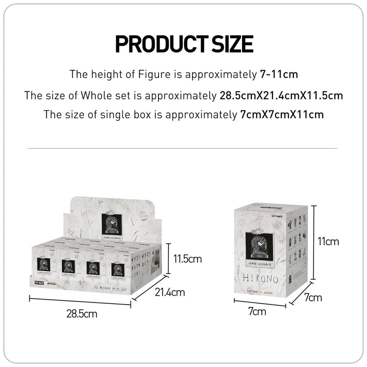 Product size infographic showing figure height and single box dimensions in cm