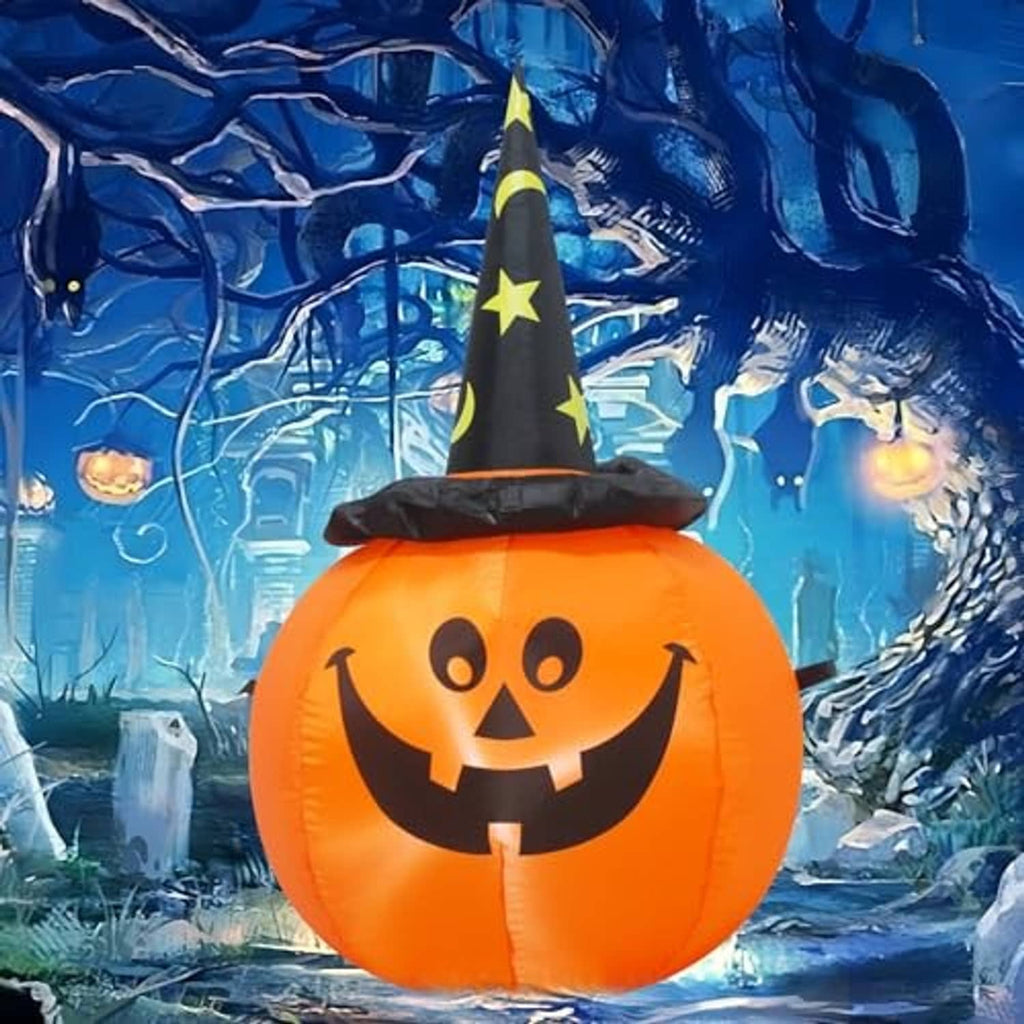 Inflatable orange Halloween pumpkin with jack-o'-lantern face and black witch hat