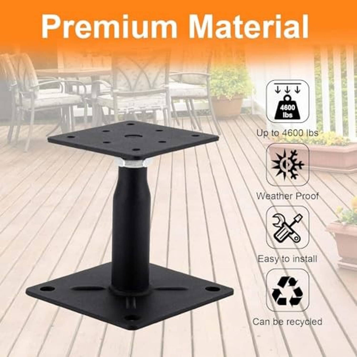 Black floor support pedestal jack with square base and threaded height adjustment