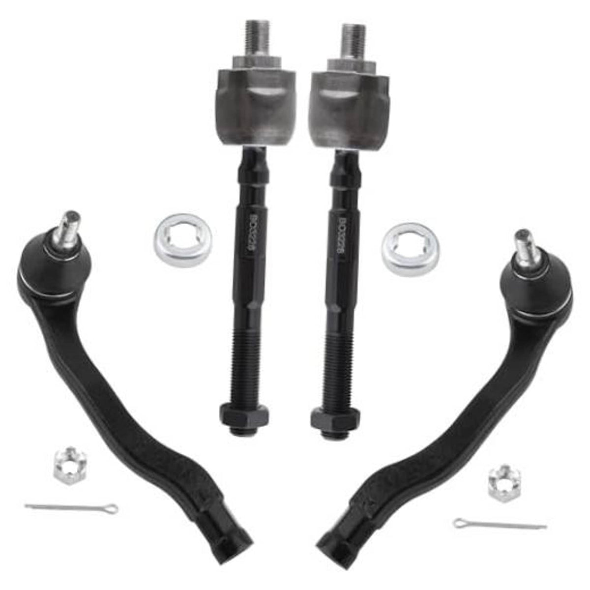 Tie rod end replacement set with black arms, silver ball joints, threaded rods, nuts, washers