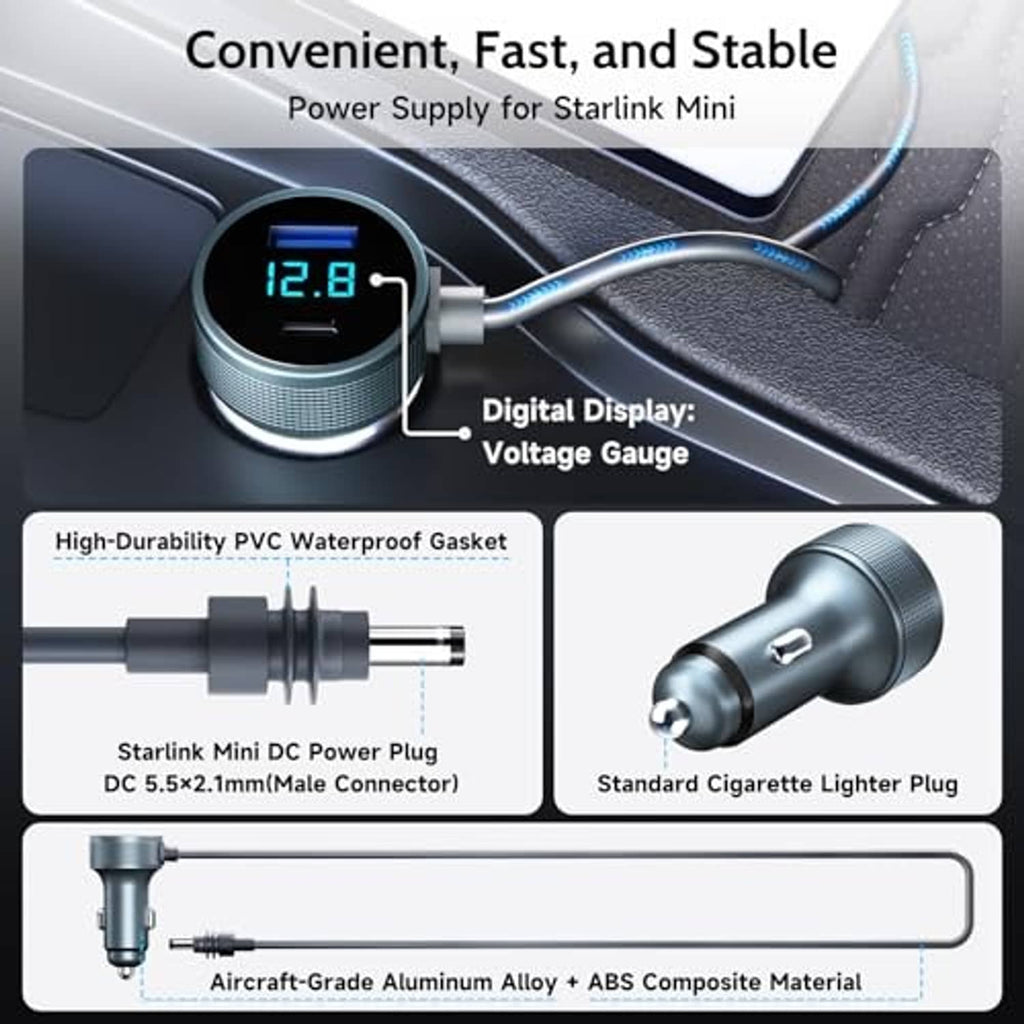 Car cigarette-lighter DC plug adapter with blue LED voltage gauge and waterproof gasket