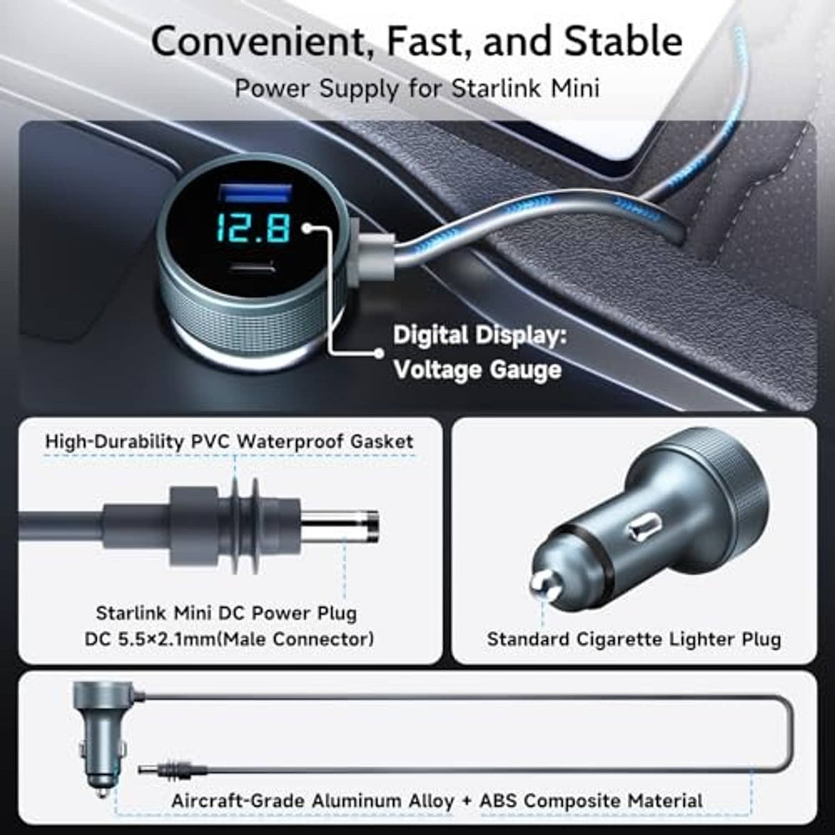 Car cigarette-lighter DC plug adapter with blue LED voltage gauge and waterproof gasket