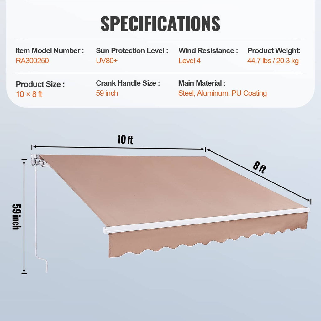 Retractable patio awning specifications view: tan 10ft x 8ft canopy with crank handle.