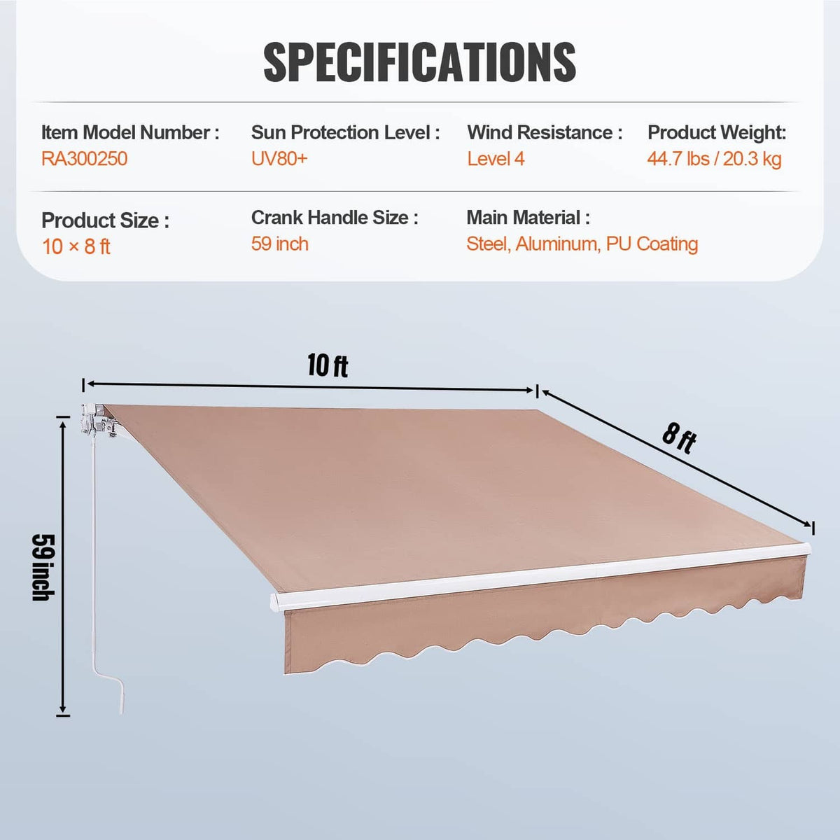 Retractable patio awning specifications view: tan 10ft x 8ft canopy with crank handle.