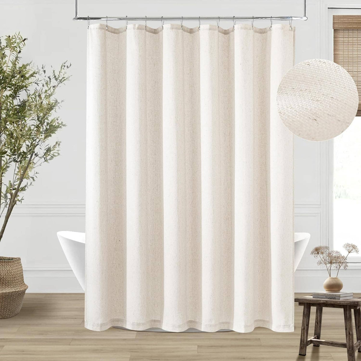 Natural linen shower curtain with vertical stripe texture and top buttonhole loops