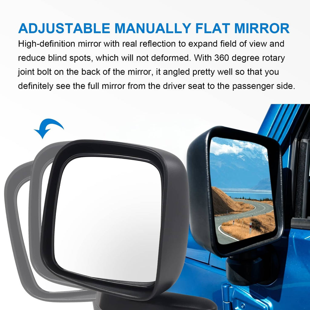 Black adjustable manual flat side mirrors with rectangular glass and folding arms