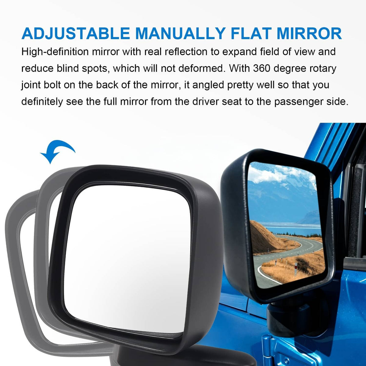 Black adjustable manual flat side mirrors with rectangular glass and folding arms