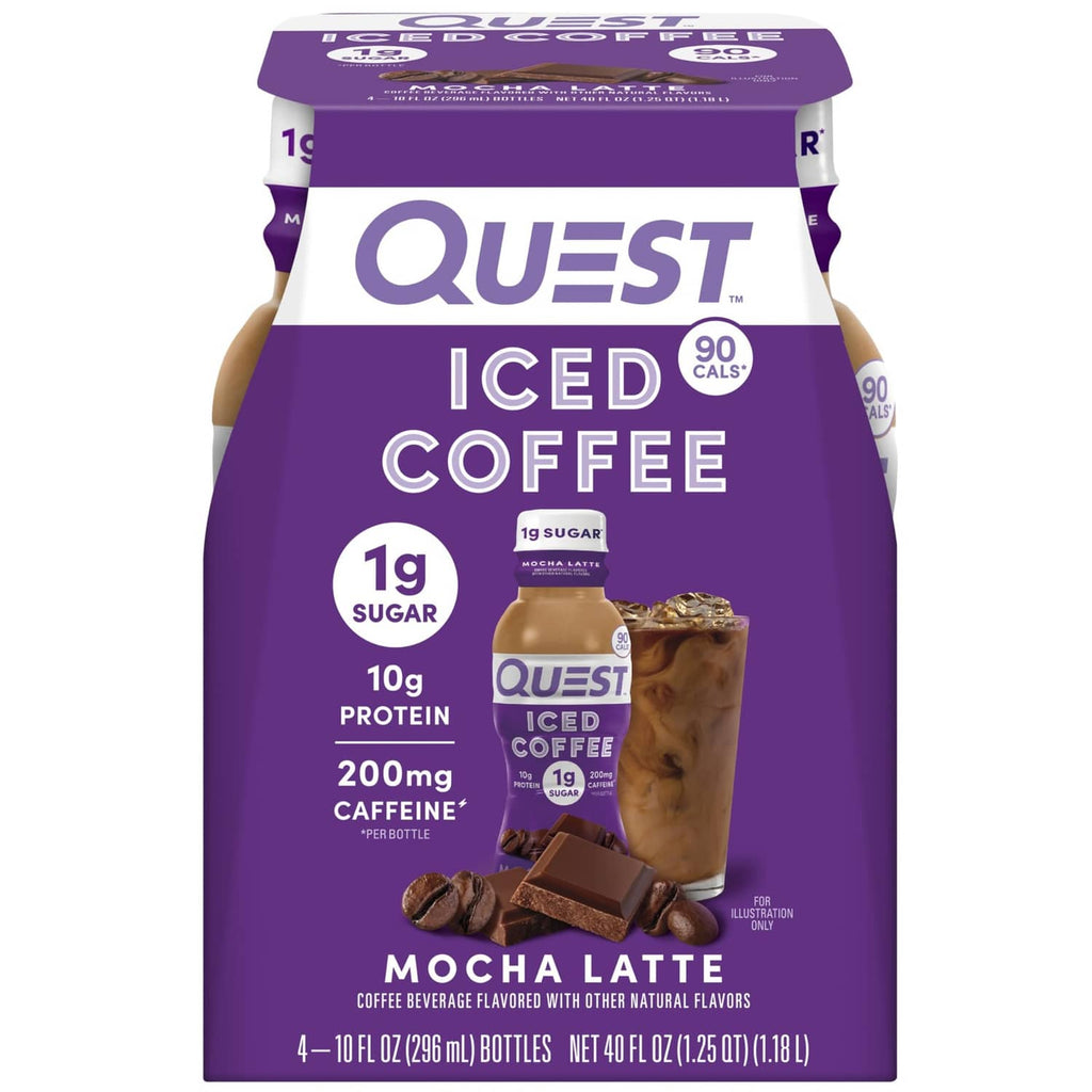 Mocha latte iced coffee bottle with purple label, 1g sugar and 10g protein
