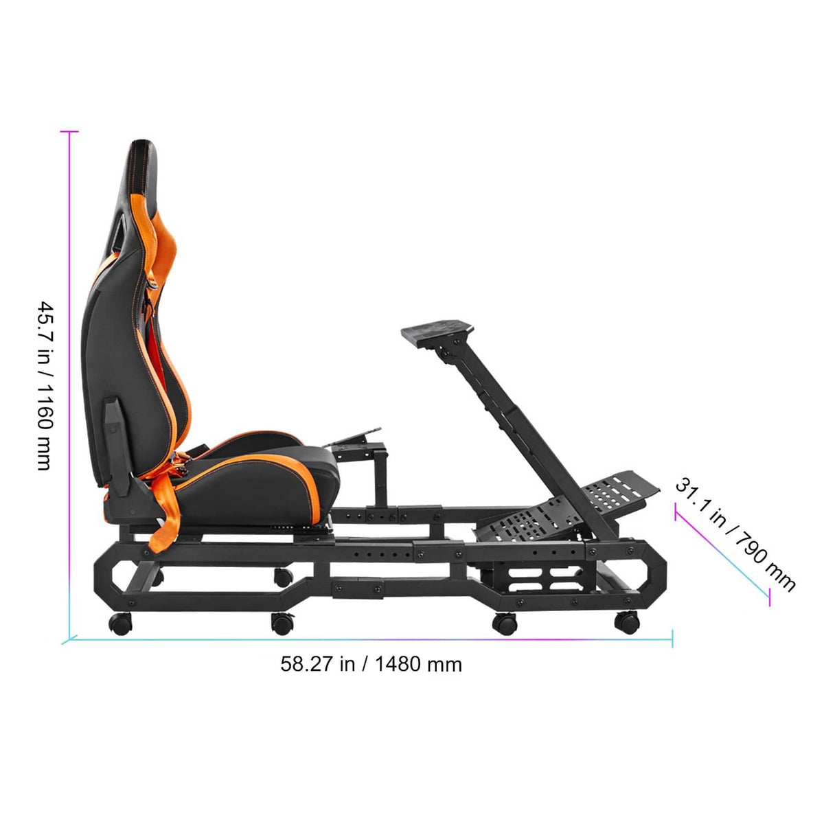 Racing simulator wheel stand and seat side-view with height and width dimensions