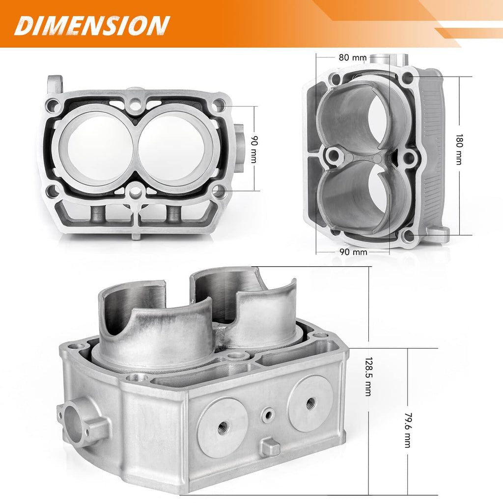 Cylinder block and piston kit with measurement diagram showing dimensions