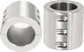 2-inch split-collar tube clamp, brushed metal ring with round bore and three bolt studs
