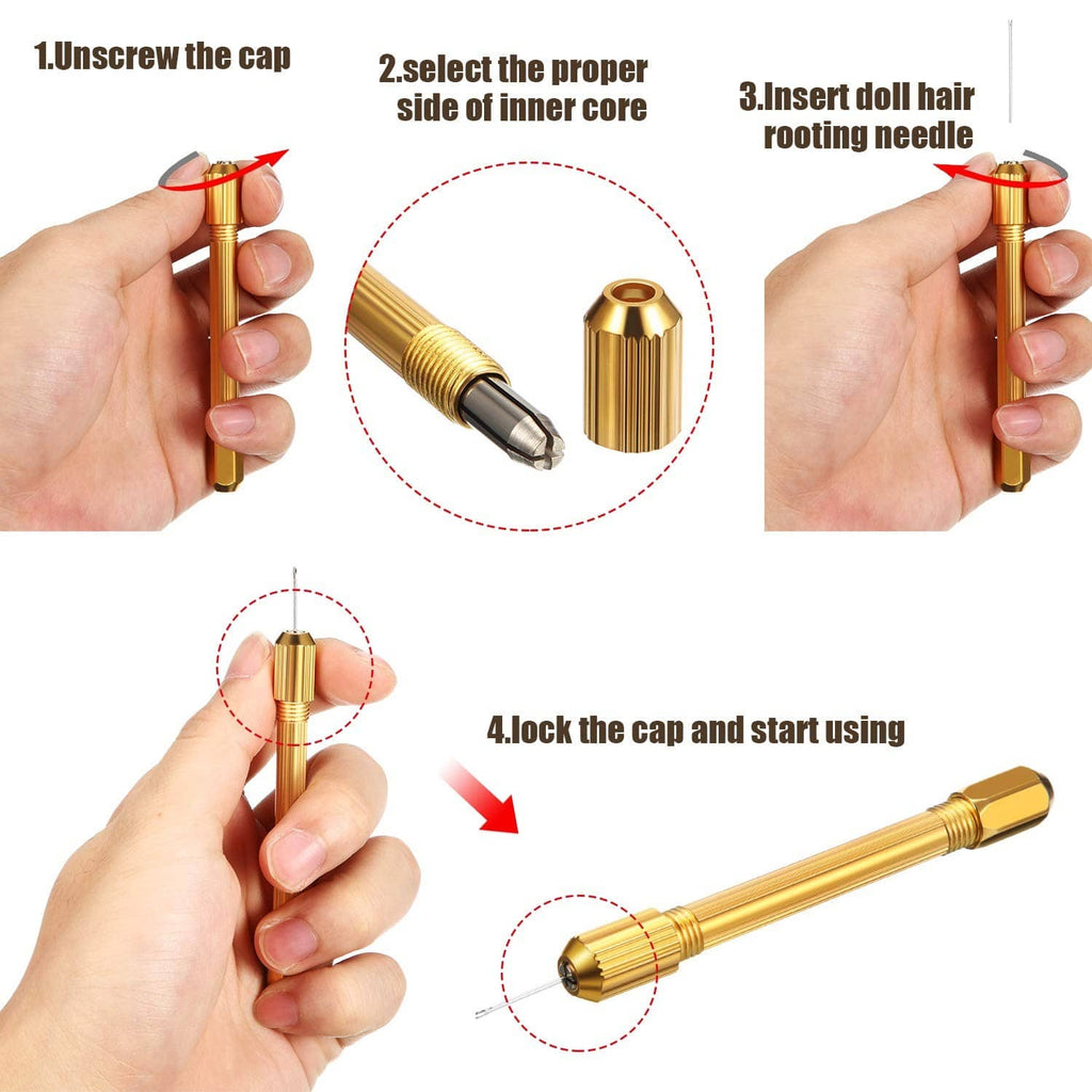 Gold doll hair rooting tool with cap, inner core, and needle for rehair