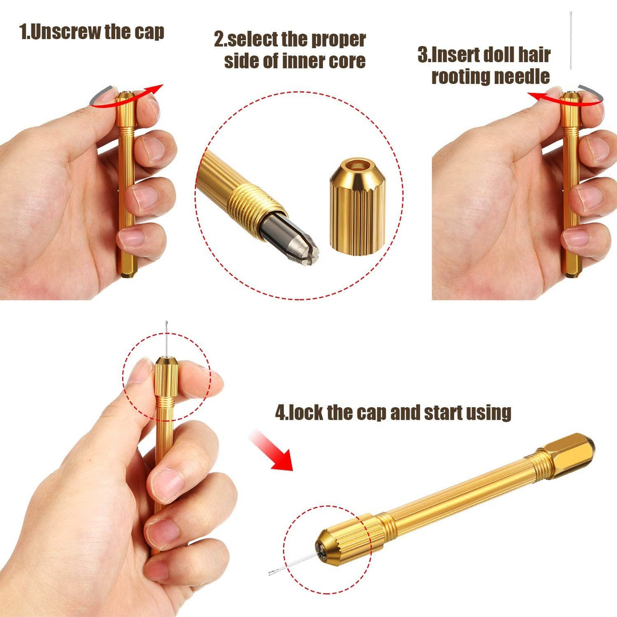 Gold doll hair rooting tool with cap, inner core, and needle for rehair