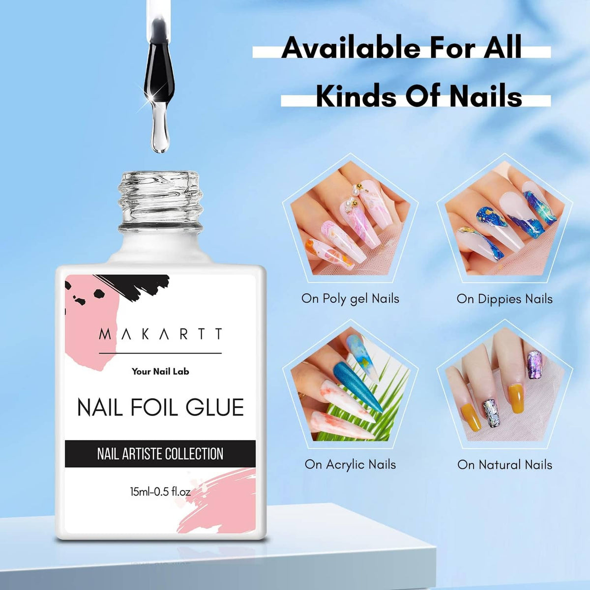 Nail foil glue gel bottle with applicator tip and icons for different nail types