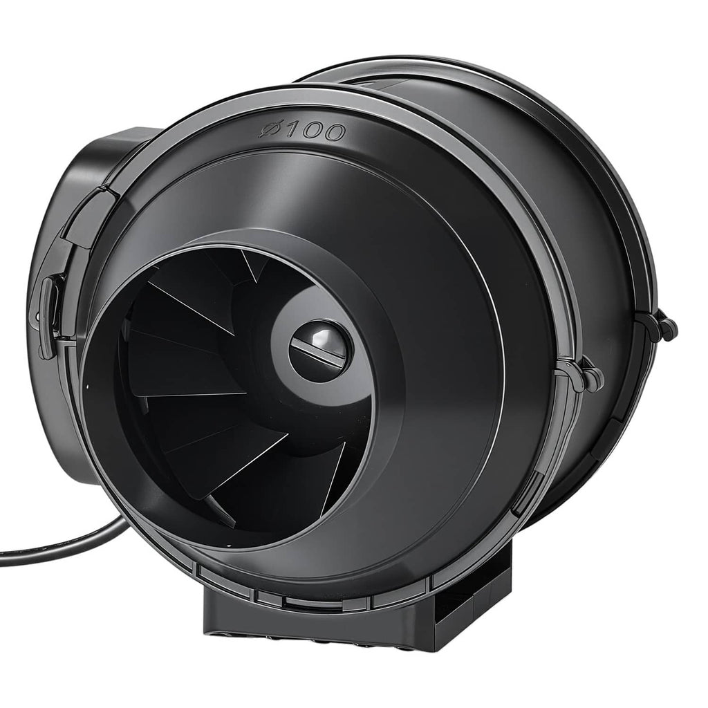 Inline duct fan with dark housing and visible front fan blades