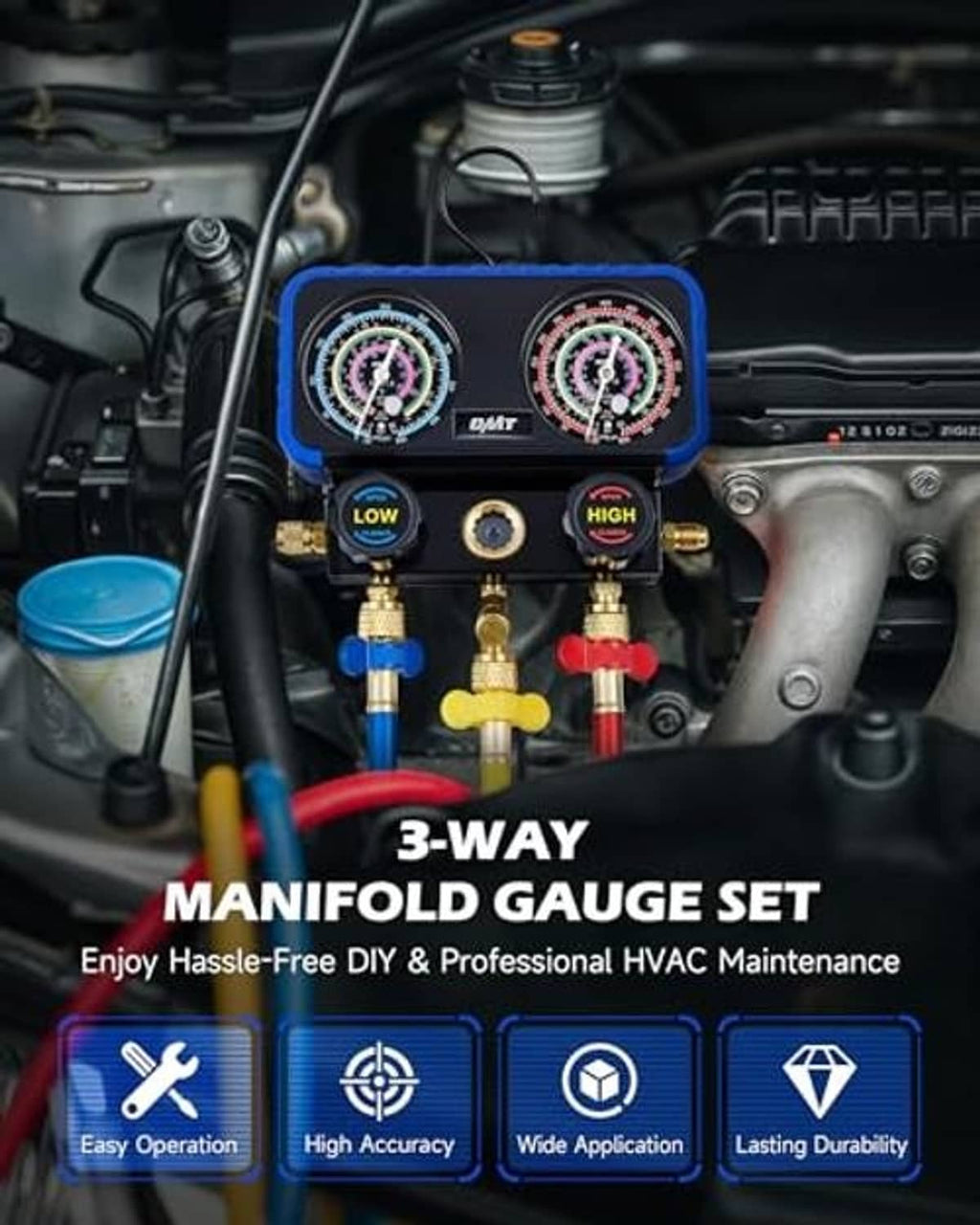 3-way AC manifold gauge set with two gauges and service hoses connected in engine bay