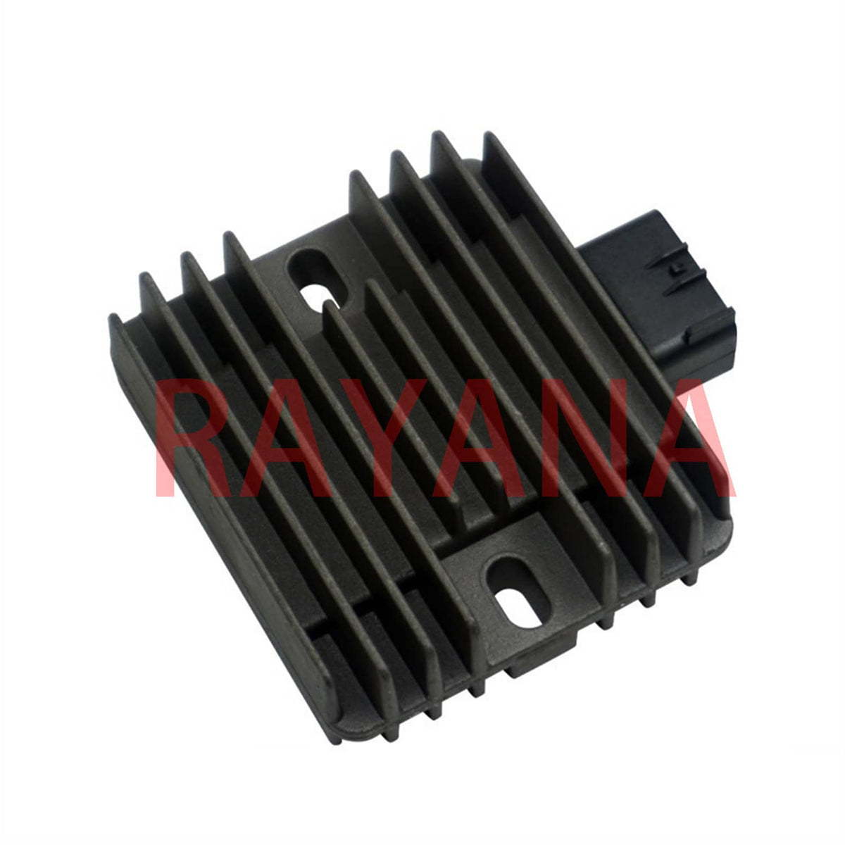 Black voltage regulator rectifier with finned cooling body and mounting slots