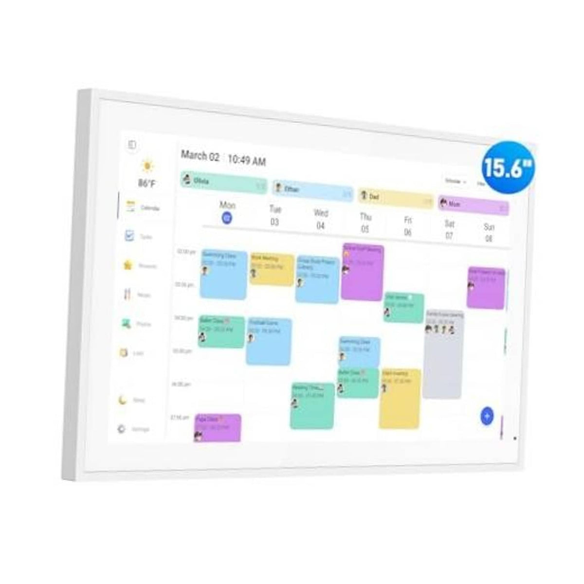 15.6-inch white electronic wall calendar with colorful touchscreen event tiles