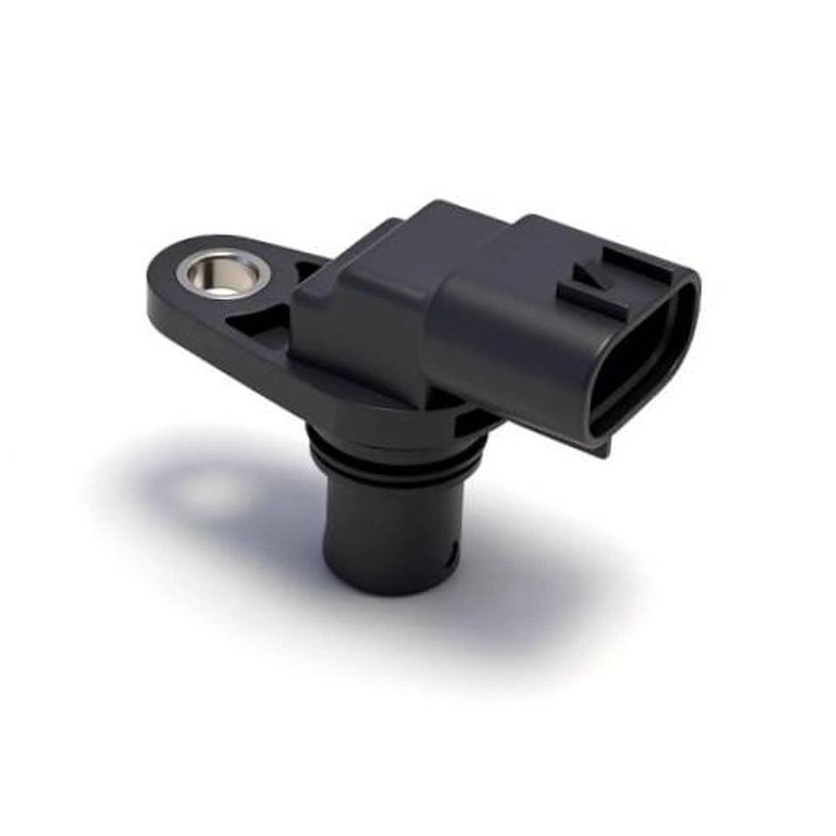 Black camshaft position sensor with mounting tab and 3-pin connector