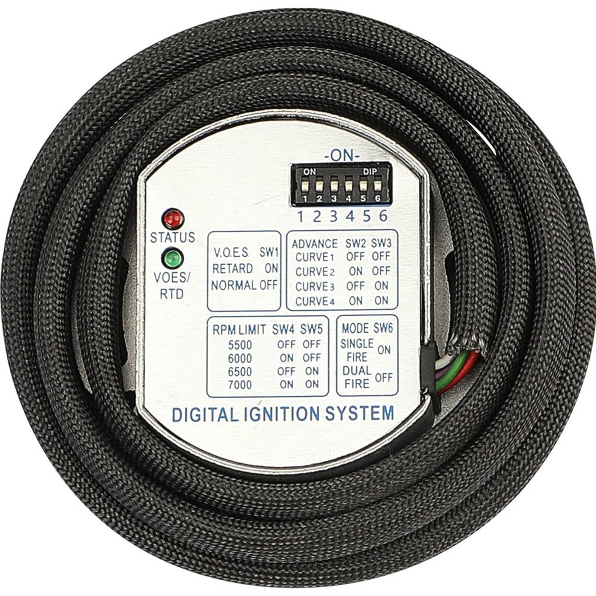 Digital ignition controller module with switch panel and status indicators on braided leads.