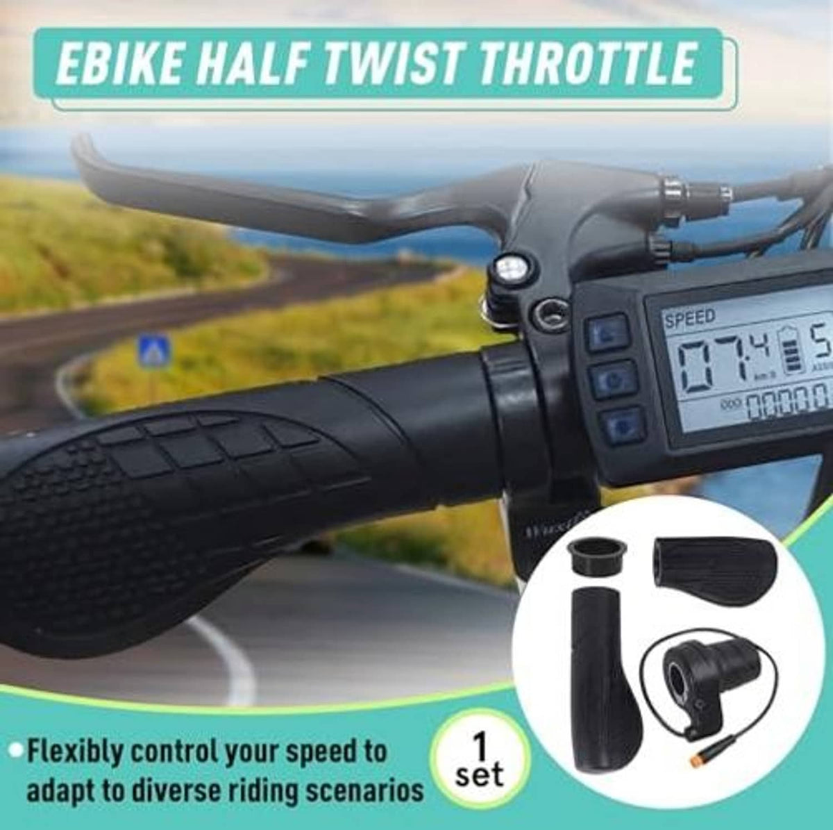 Half-twist e-bike throttle grip on handlebar with orange-tipped plug