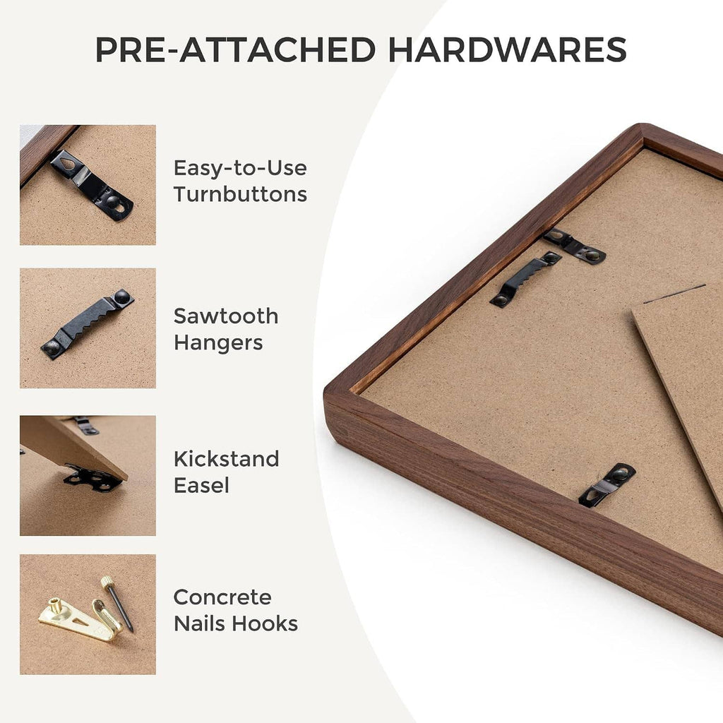 Walnut wood picture frame with pre-attached hardware: turn buttons and hanging hooks