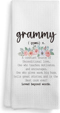 White kitchen towel with 'grammy' script and floral quote text in dark ink