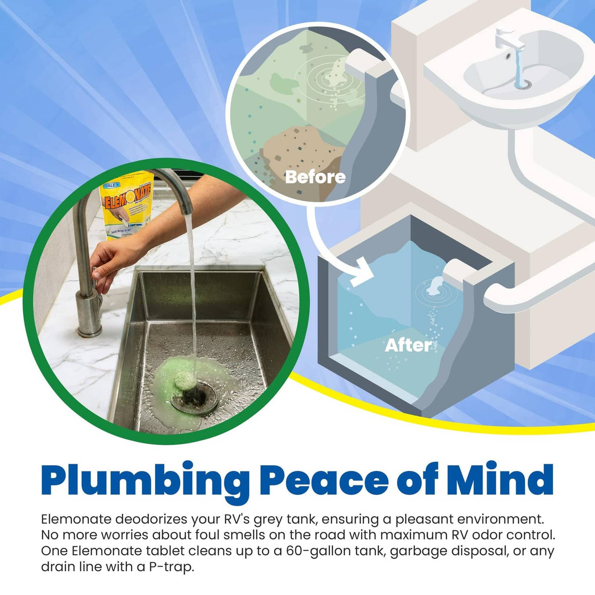 WALEX Elemonate deodorizer pouch shown being used in an RV grey water drain
