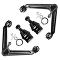 4-piece front suspension kit with control arms, ball joints, black bushings, and hardware