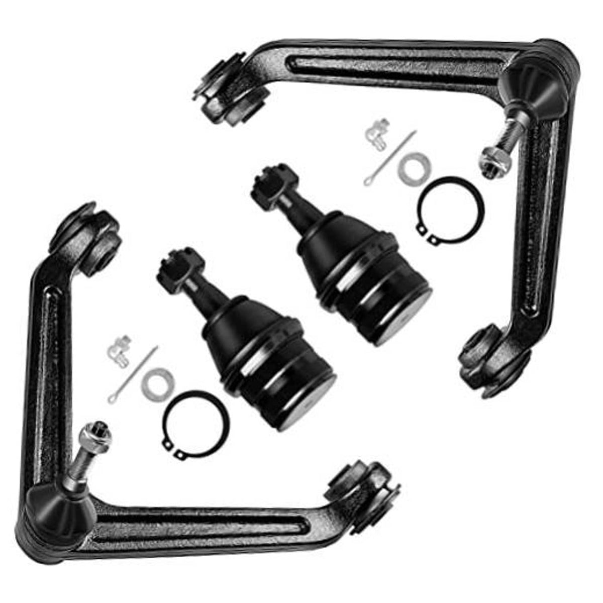 4-piece front suspension kit with control arms, ball joints, black bushings, and hardware
