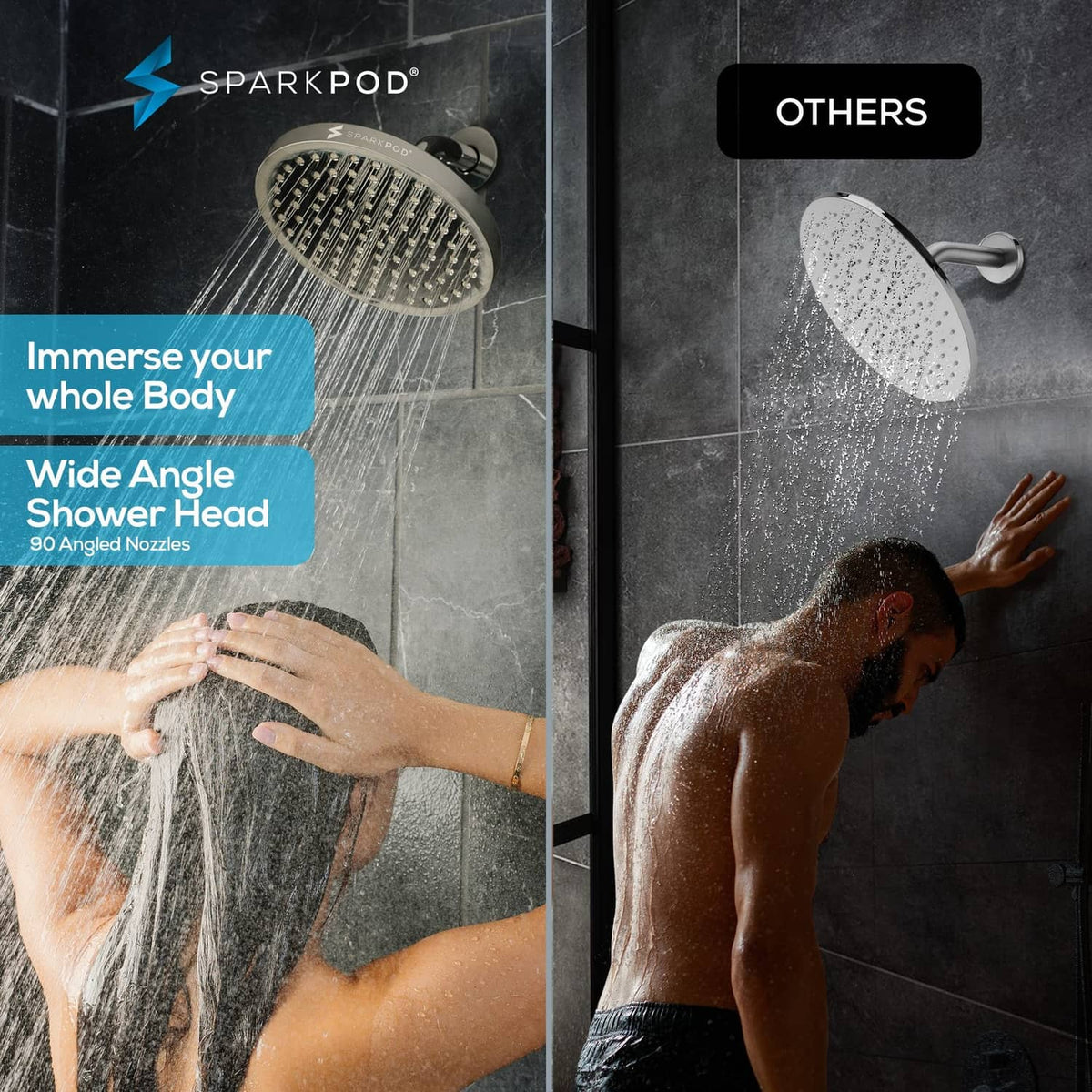 Round brushed nickel rain shower head spraying steady water in a wall-mount setup
