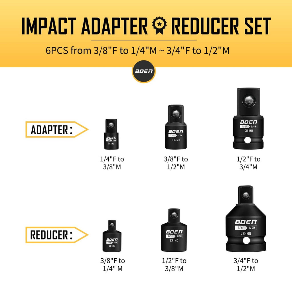 Six black impact adapter reducers arranged in adapter and reducer configurations