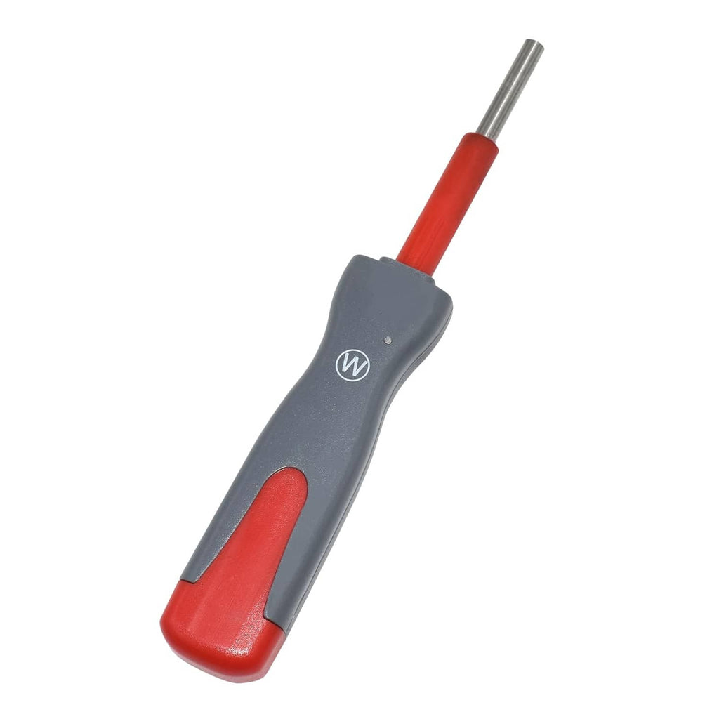 Terminal release tool with red handle, gray grip, and metal probe tip with W logo