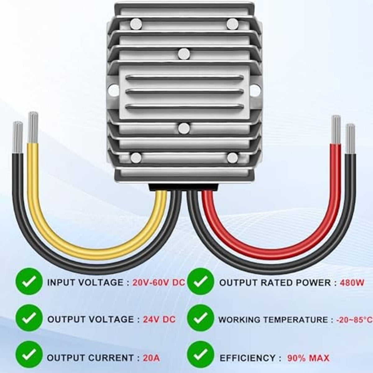 DC step-down converter showing input/output voltage and power rating via indicators