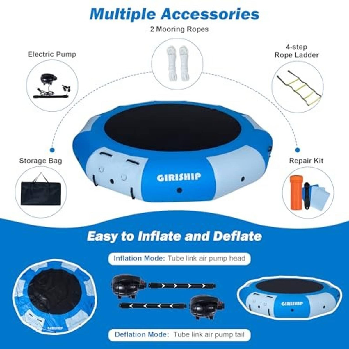 Inflatable water trampoline with accessory set icons: mooring ropes, pump, ladder, repair kit
