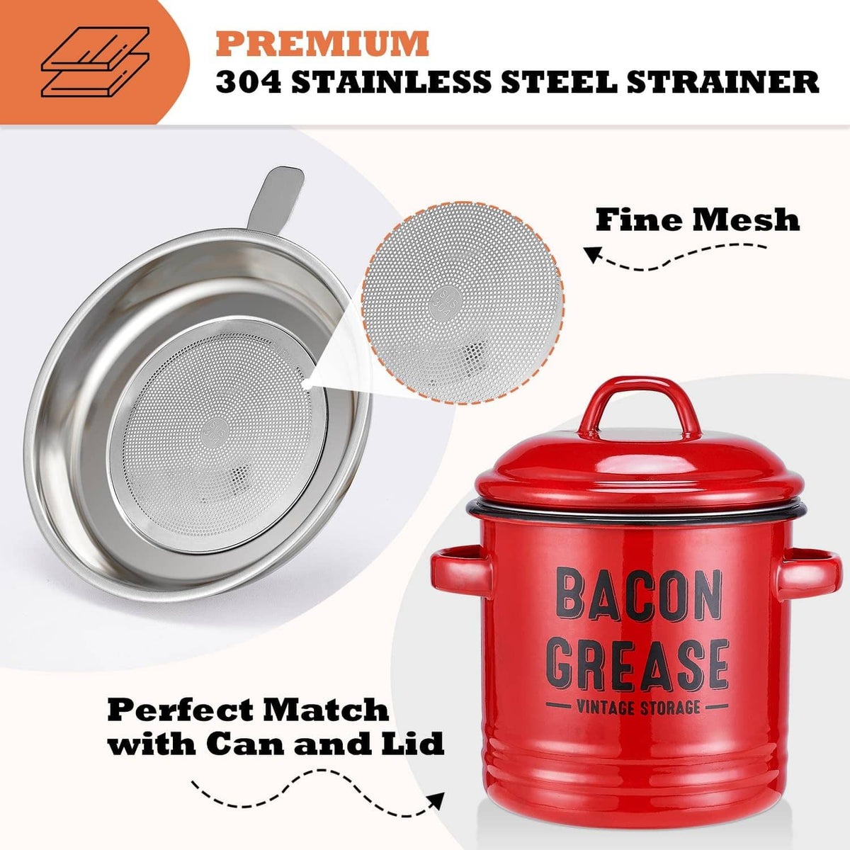 Red bacon grease container with fine-mesh stainless steel strainer and lid