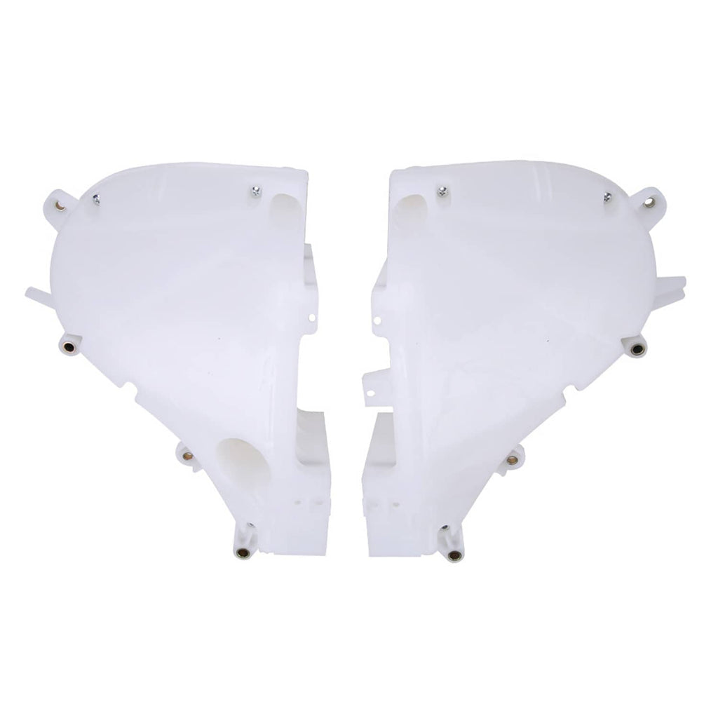 Pair of white inner fairing speaker covers with mounting holes and curved exterior shape
