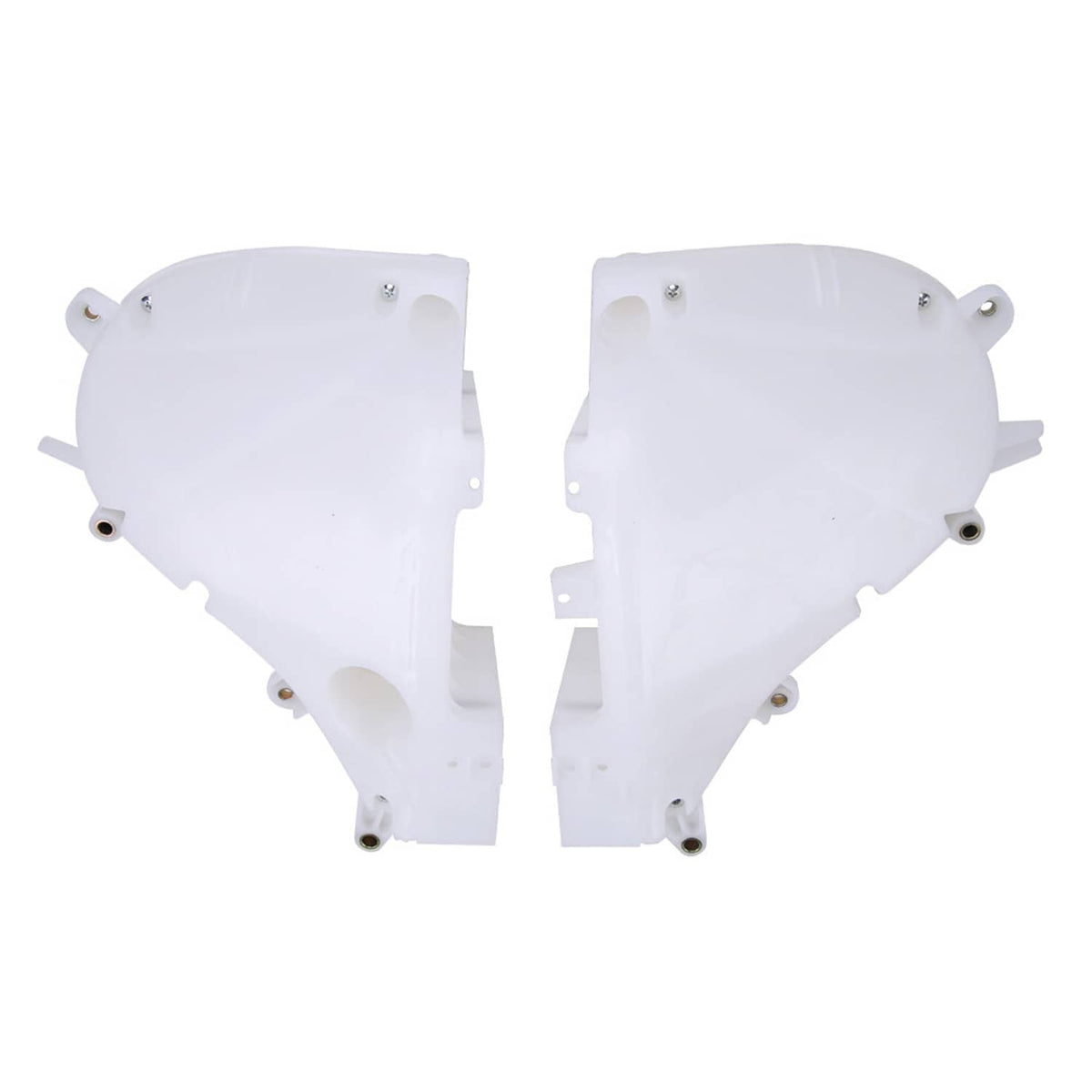 Pair of white inner fairing speaker covers with mounting holes and curved exterior shape