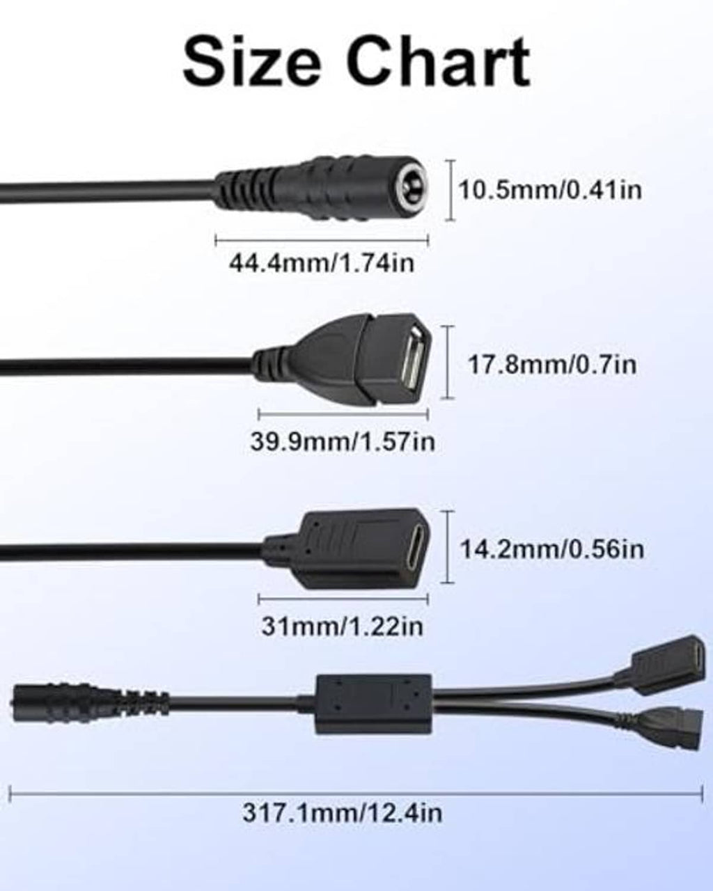 DC buck converter kit showing DC barrel plug and dual USB lead lengths