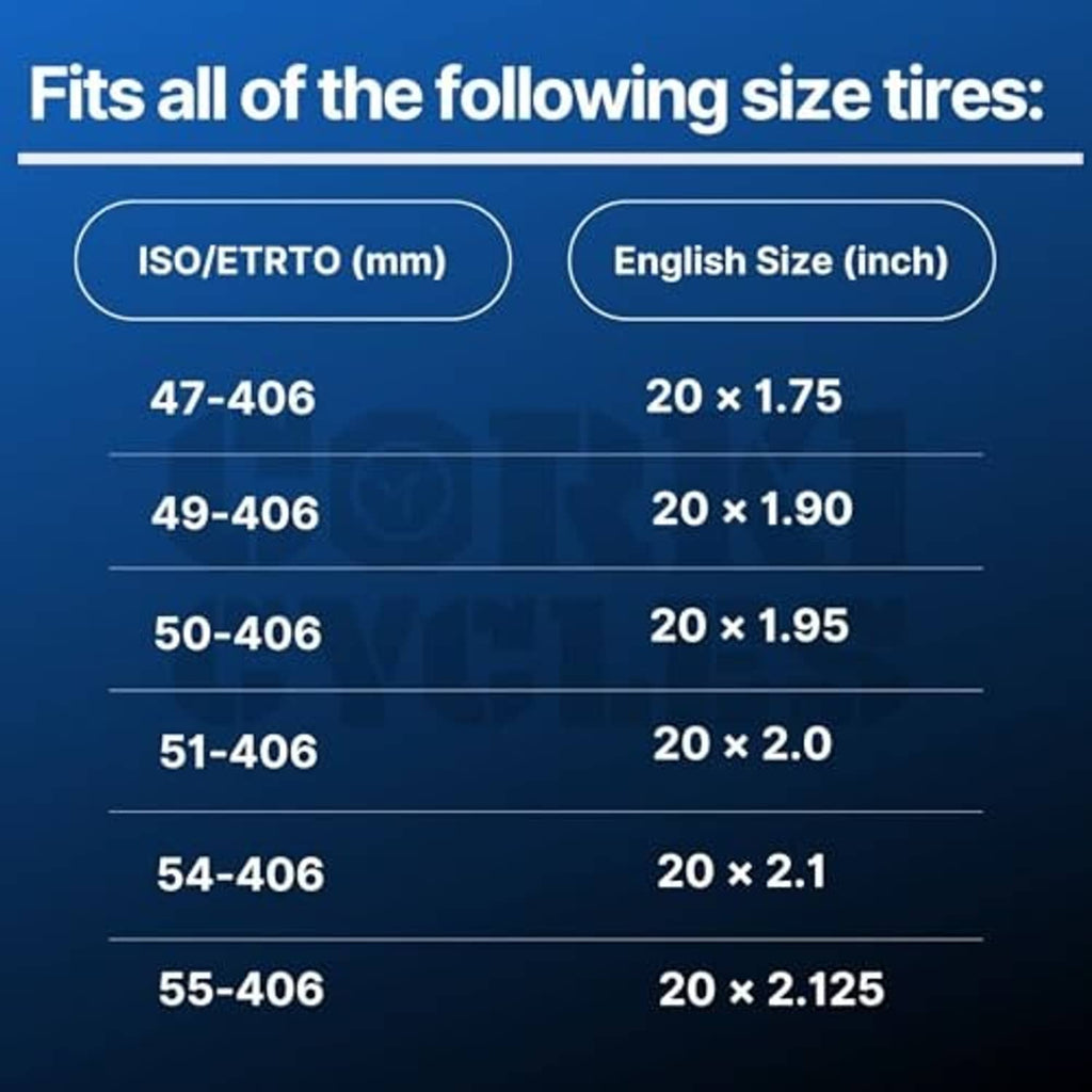 Size compatibility chart for 20 x 1.75 up to 20 x 2.125 tire widths
