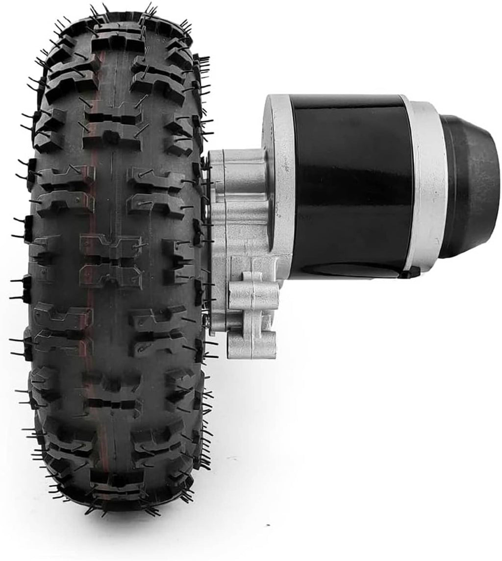 10-inch pneumatic off-road tire with side view of silver hub and shaft