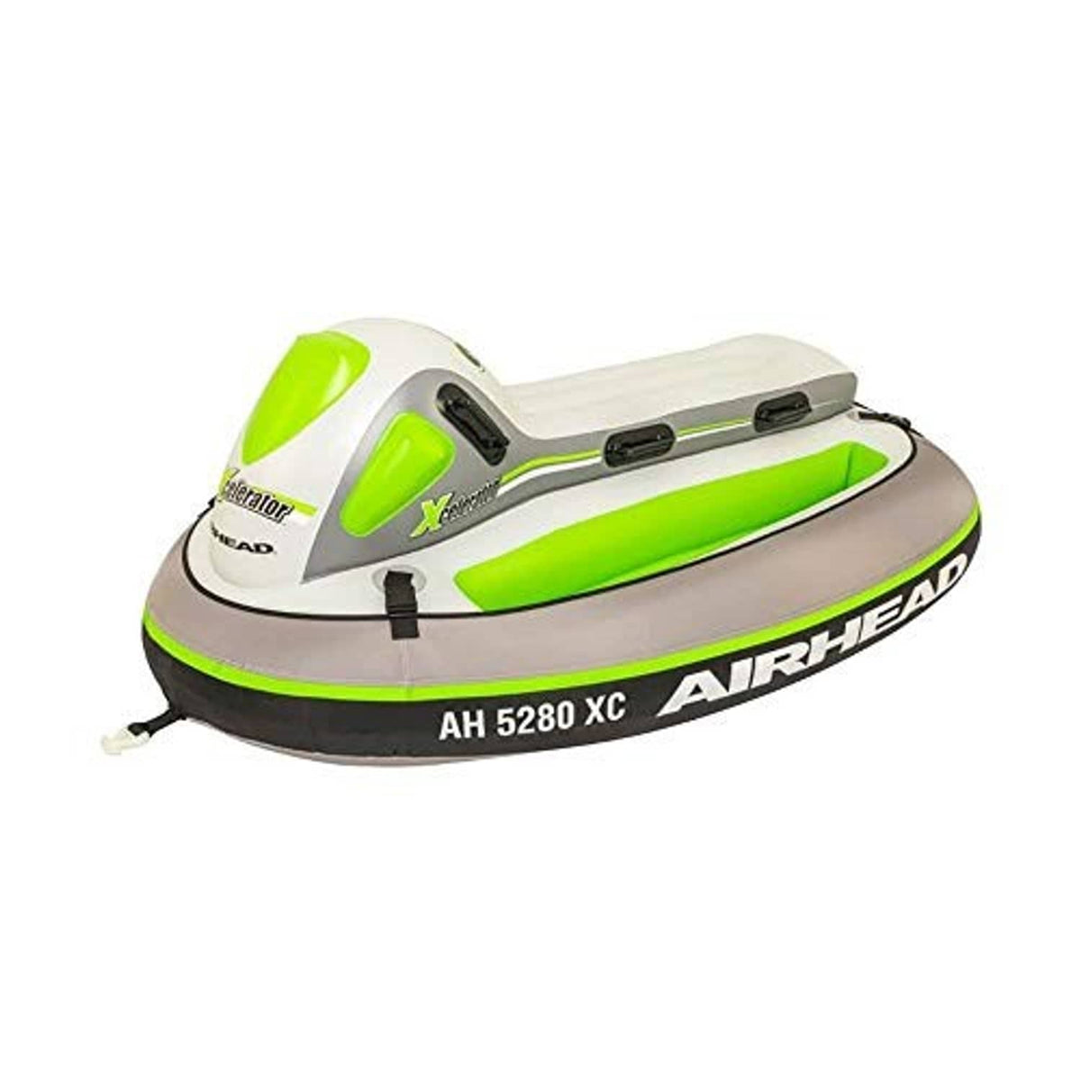 White, gray, and neon green 2-rider towable tube with molded side panels and handles