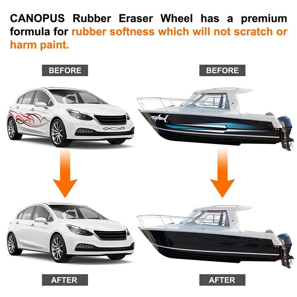 Before-and-after vehicle stripe removal diagram with arrows and rubber eraser wheel