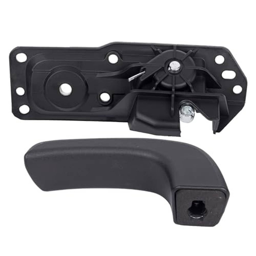 Black inside door handle assembly with mounting bracket, latch pin, and metal spring