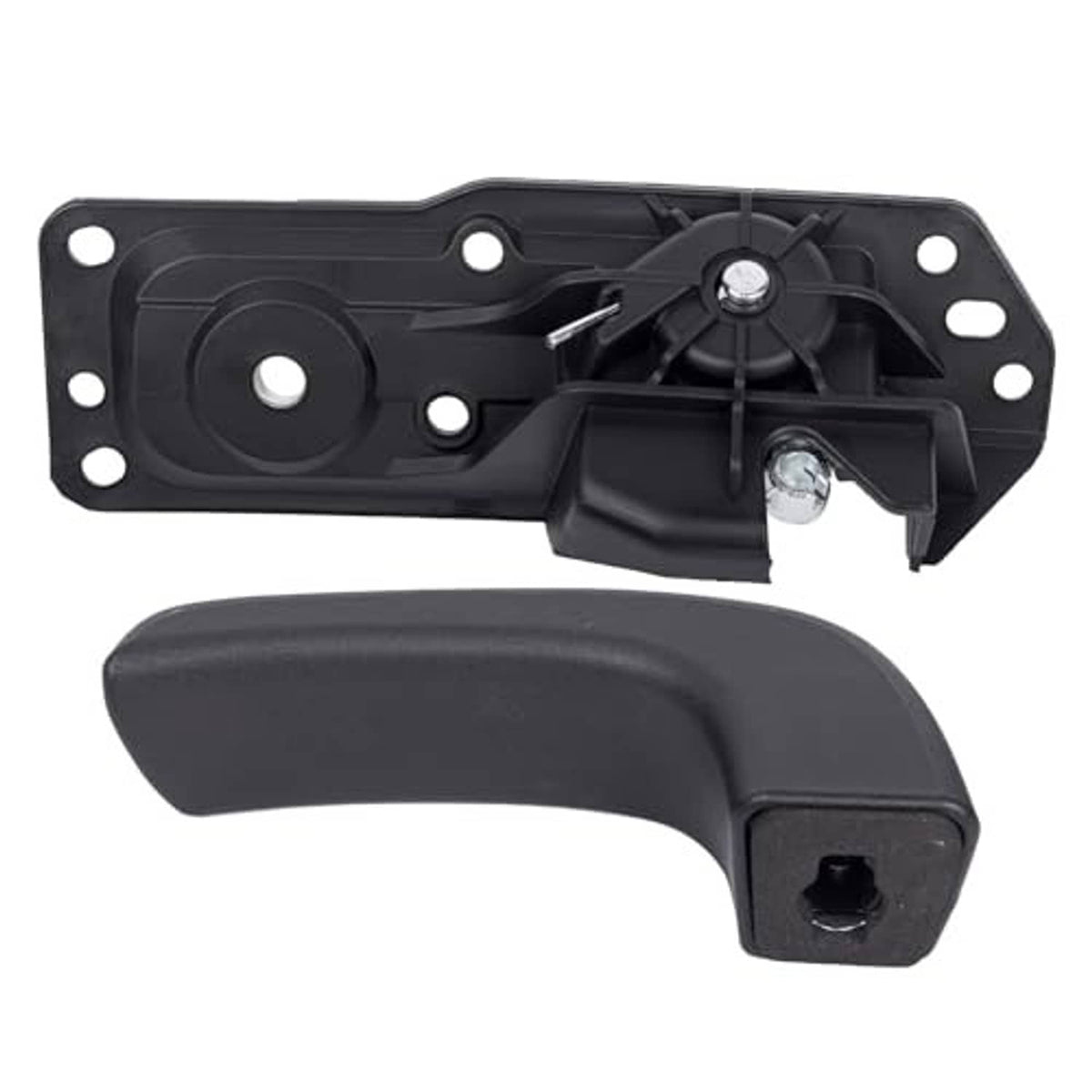 Black inside door handle assembly with mounting bracket, latch pin, and metal spring