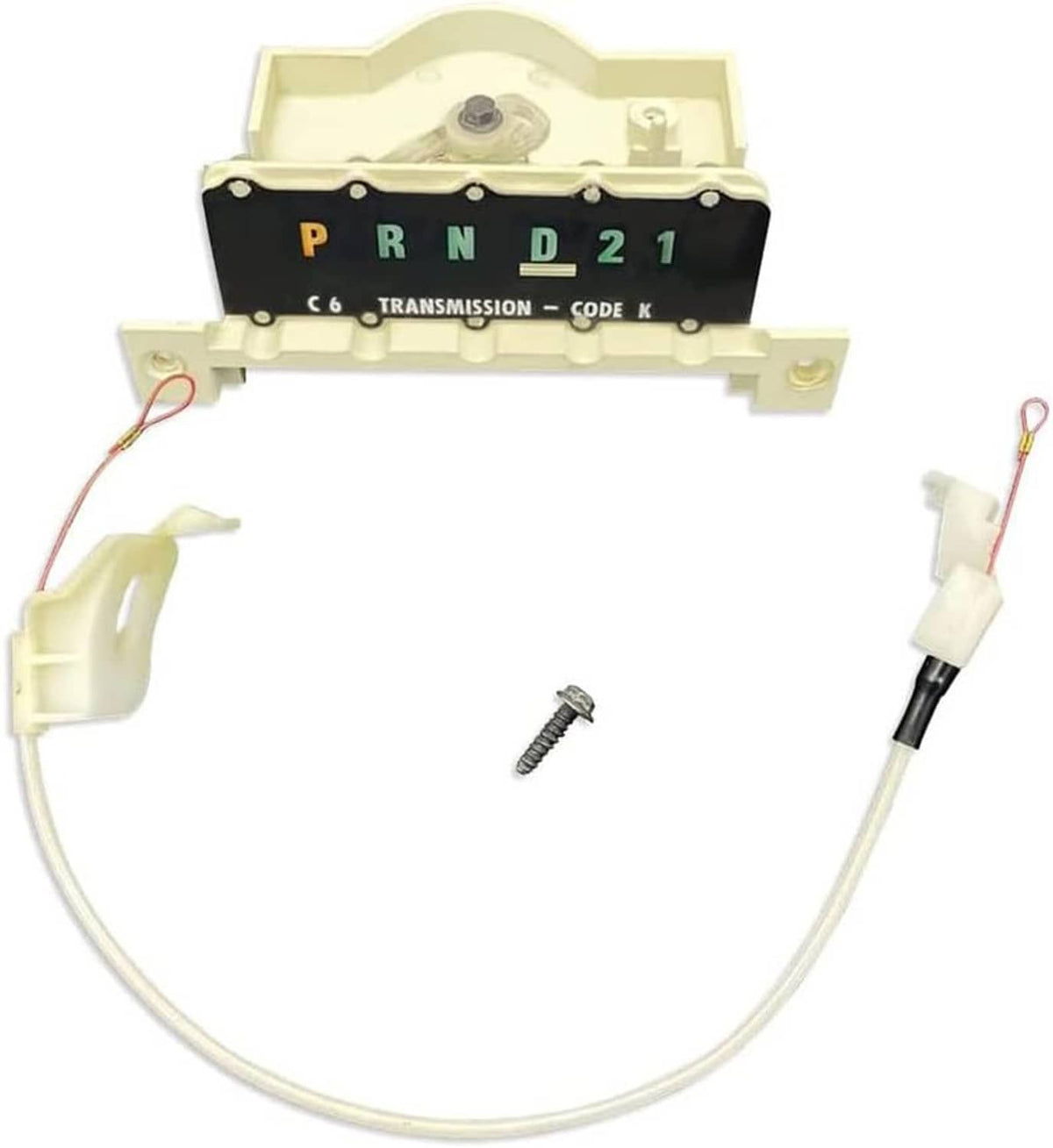 Transmission gear indicator housing with wiring harness, two white connectors, and mounting screw