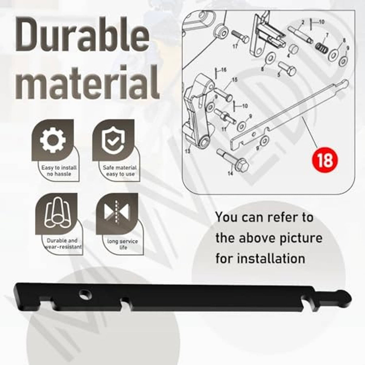 Shift cable adjustment tool, black bar with slots, end tabs, and mounting hole