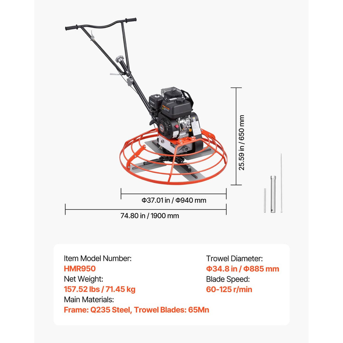 Gas concrete power trowel with orange float ring, measuring diagram view