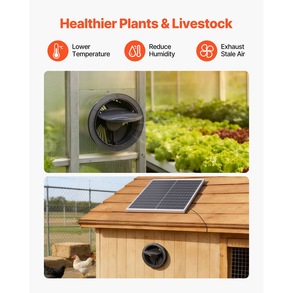 Solar ventilation fan and solar panel for greenhouse use shown on a wooden coop structure